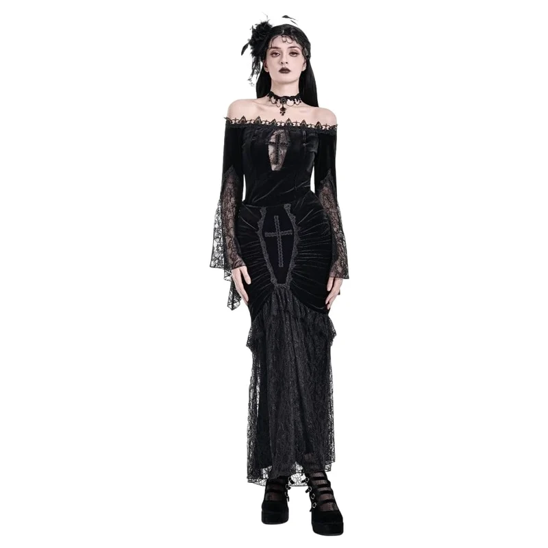 Gothic-Meerjungfrauenrock aus Samt mit floralem Spitzen-Patchwork, gerafftem Kreuzmuster und Zierelementen