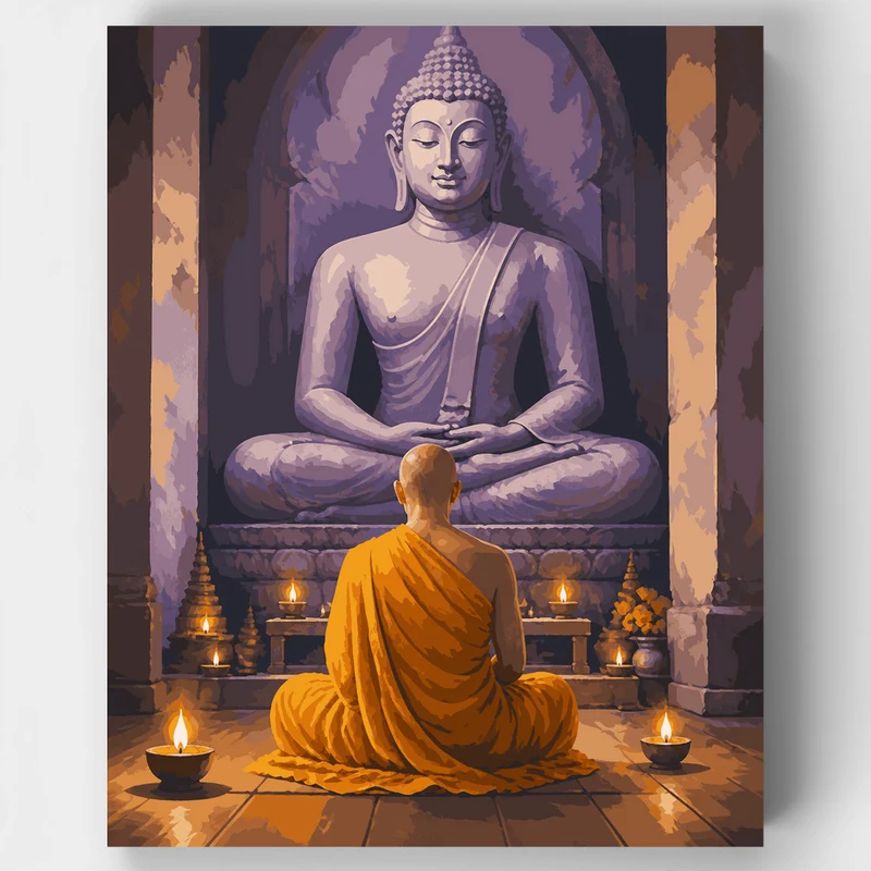Monk Before Stone Buddha - Paint by Numbers Kit