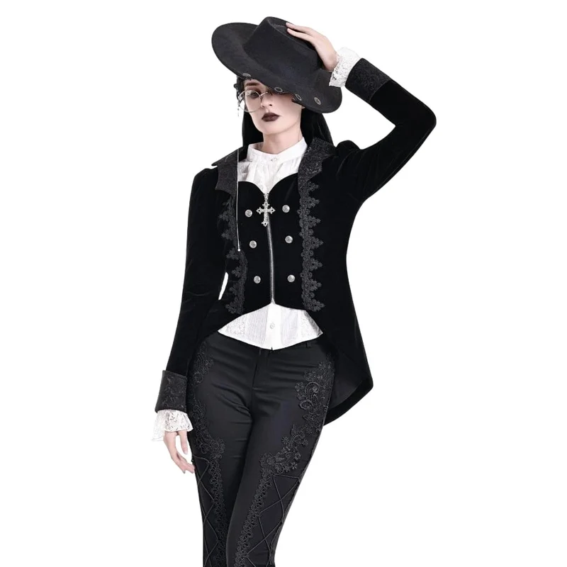 Gothic-Frackjacke für Damen mit Spitzenapplikationen, Revers und Reißverschluss