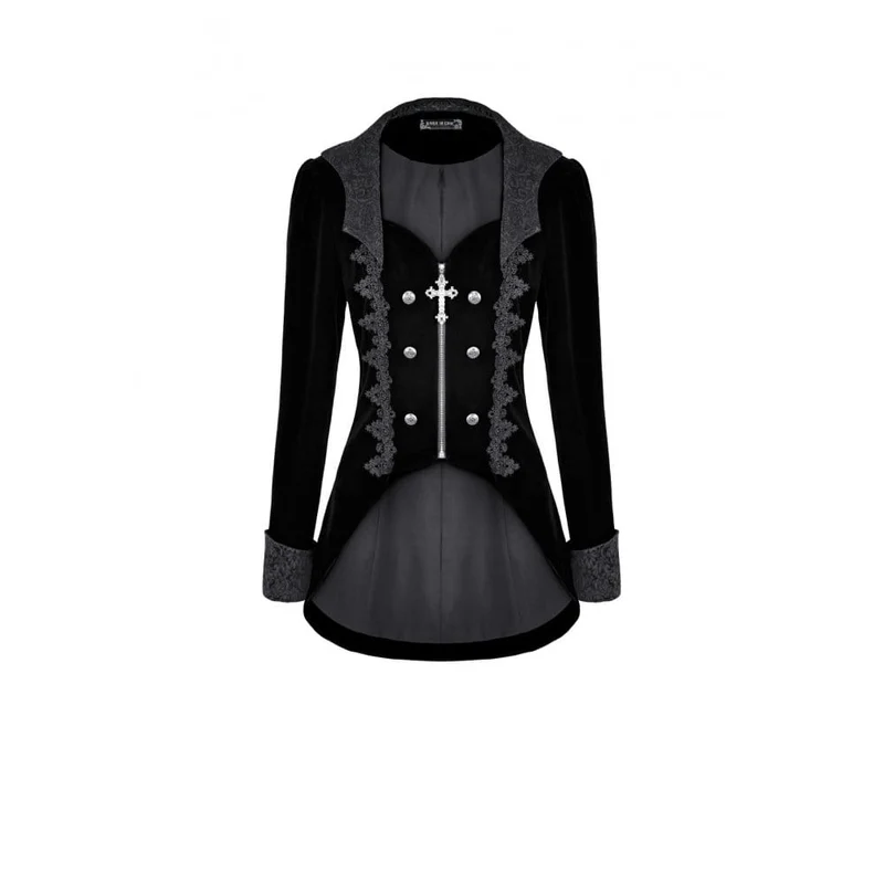Gothic-Frackjacke für Damen mit Spitzenapplikationen, Revers und Reißverschluss