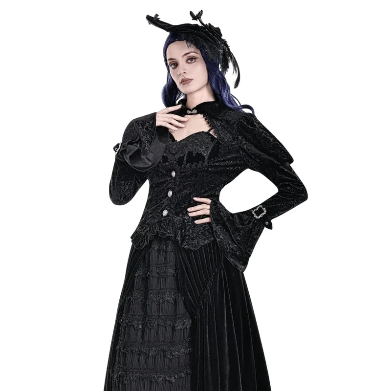 Gothic-Jacquard-Top für Damen mit Cut-out-Schnallenriemen und Glockenärmeln