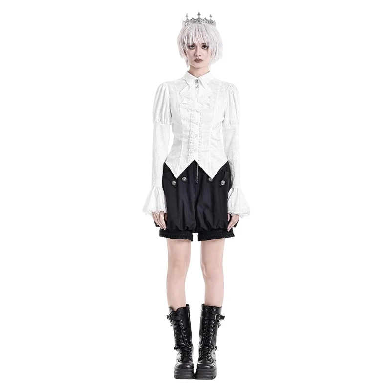 Gothic-Bluse für Damen mit Schnürung, Umlegekragen und Puffärmeln