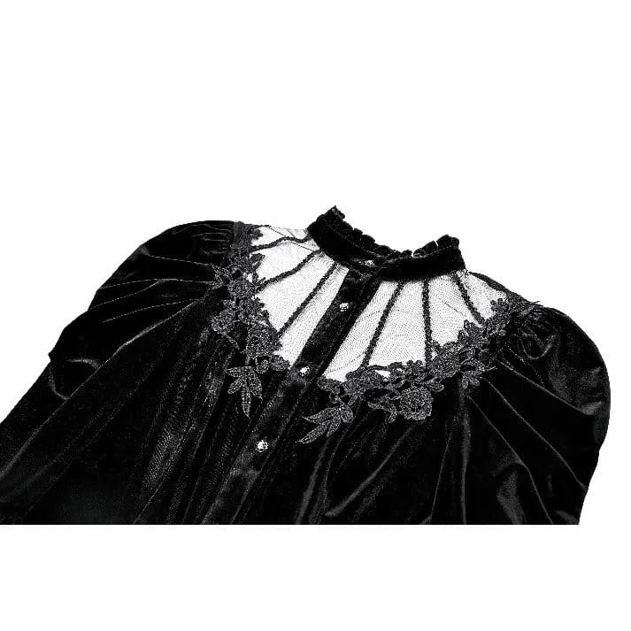 Gothic-Bluse aus Samt für Damen mit floralen Applikationen, gerafften Glockenärmeln und Rüschen.