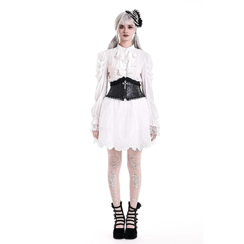 Gothic-Bluse für Damen mit Rüschen, Stehkragen und Puffärmeln