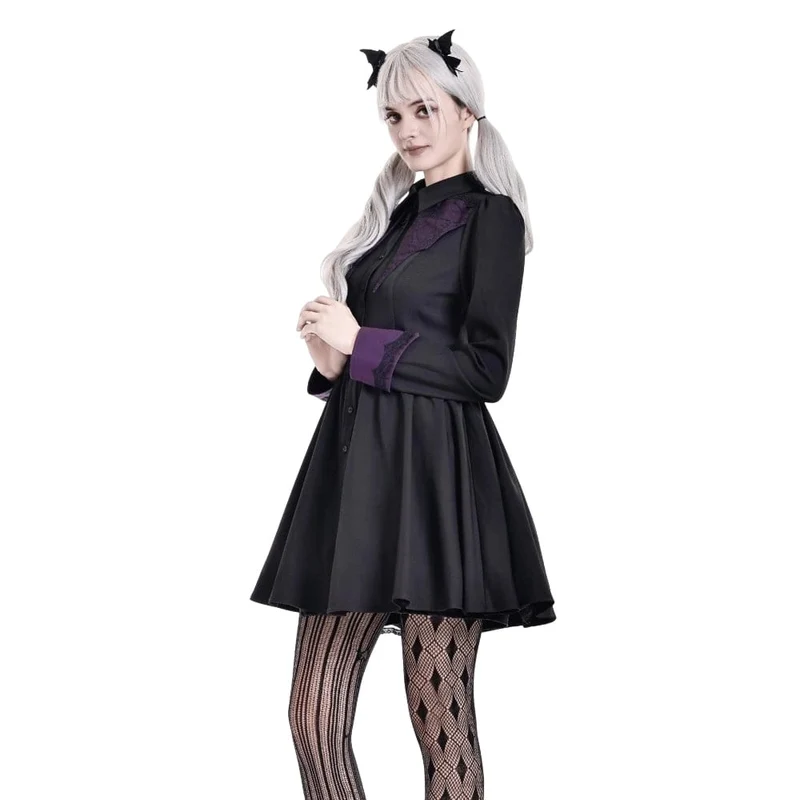Gothic-Kleid für Damen mit Fledermausflügel-Patchwork, zweifarbig, langärmelig, kurzes Abschlusskleid