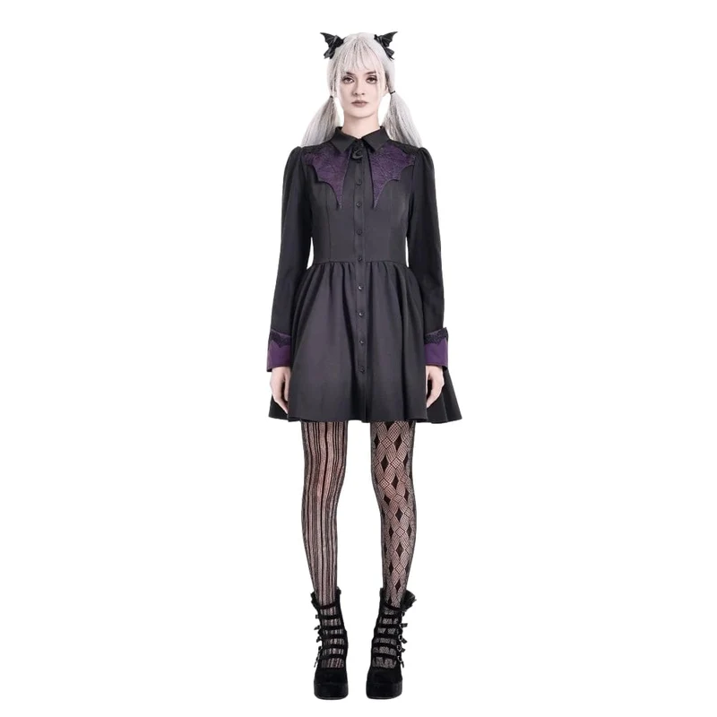 Gothic-Kleid für Damen mit Fledermausflügel-Patchwork, zweifarbig, langärmelig, kurzes Abschlusskleid