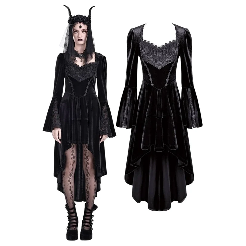 Gothic-Kleid aus Samt für Damen mit Rosenmuster, Spitzeneinsatz, Rüschen, asymmetrischem Saum und ausgestellten Ärmeln – ideal für Abschlussfeiern