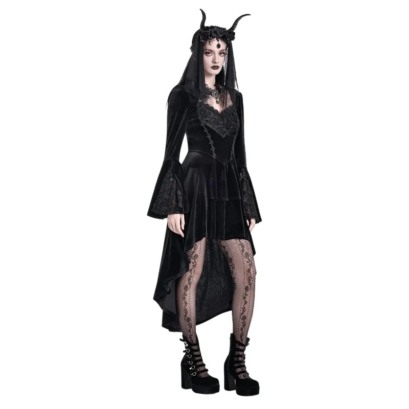 Gothic-Kleid aus Samt für Damen mit Rosenmuster, Spitzeneinsatz, Rüschen, asymmetrischem Saum und ausgestellten Ärmeln – ideal für Abschlussfeiern