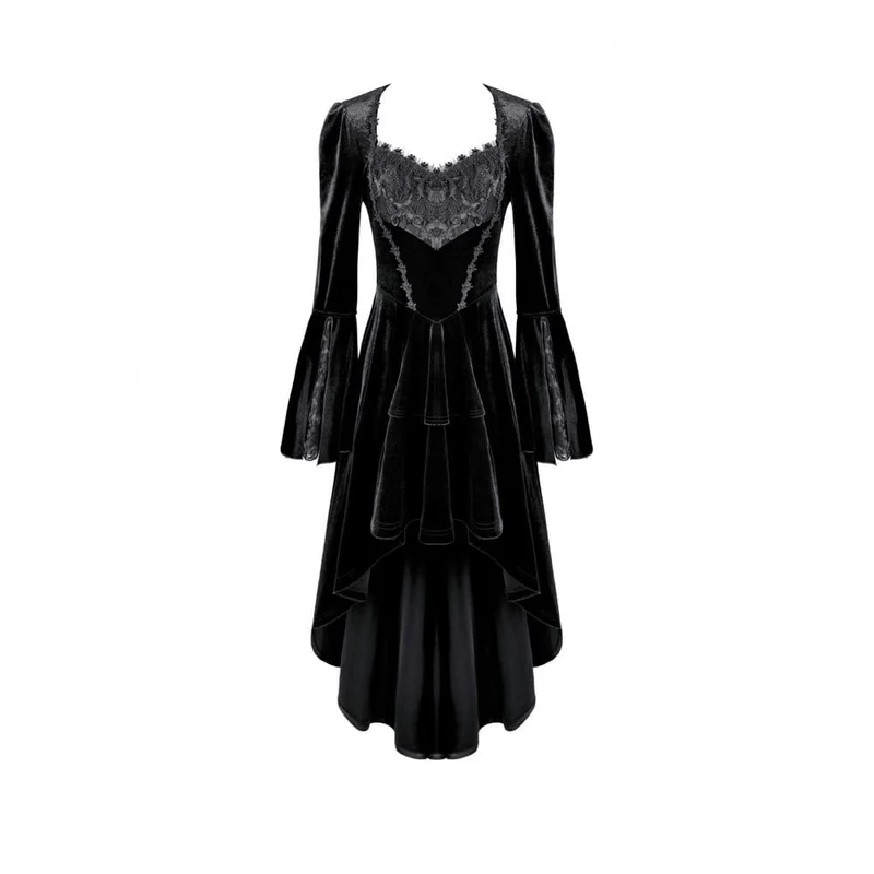 Gothic-Kleid aus Samt für Damen mit Rosenmuster, Spitzeneinsatz, Rüschen, asymmetrischem Saum und ausgestellten Ärmeln – ideal für Abschlussfeiern