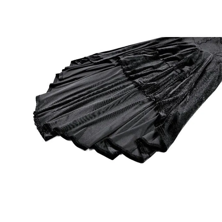 Gothic-Kleid aus Samt für Damen mit Rosenmuster, Spitzeneinsatz, Rüschen, asymmetrischem Saum und ausgestellten Ärmeln – ideal für Abschlussfeiern
