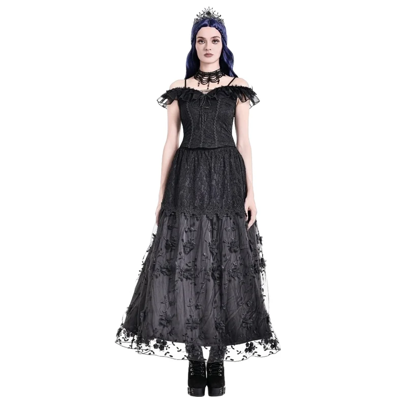 Gothic-Spitzentop für Damen mit Schnürung, Rüschen und schulterfreiem Ausschnitt