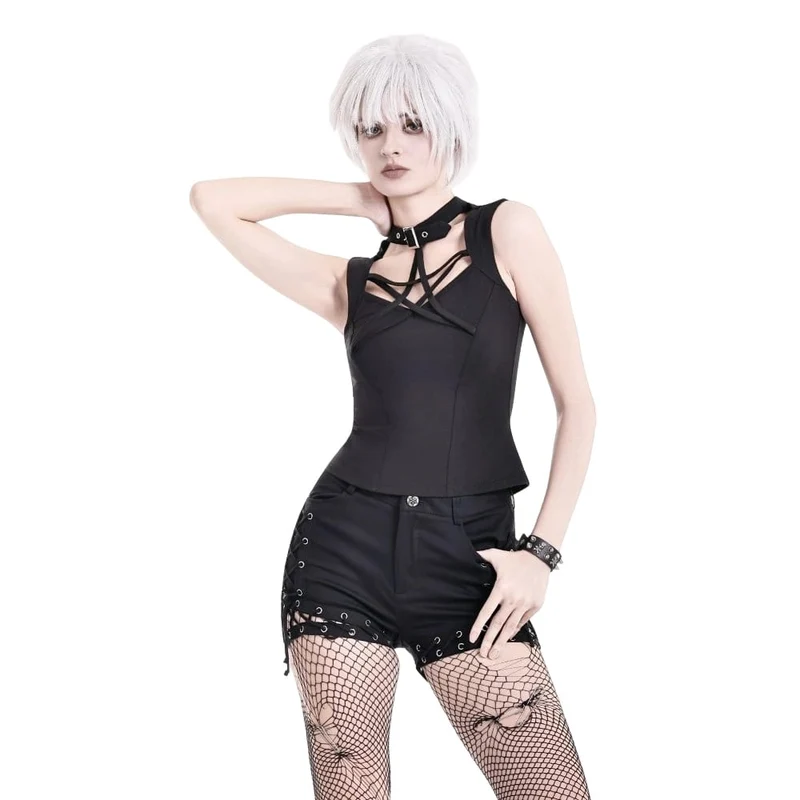 Gothic-Tanktop für Damen mit Ausschnitt, Pentagramm und Schnalle