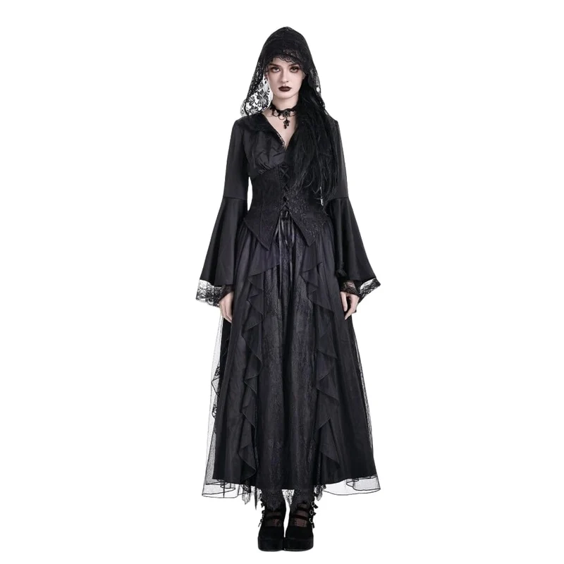 Gothic-Bluse für Damen mit Schnürung, tiefem V-Ausschnitt, Kapuze und ausgestellten Ärmeln