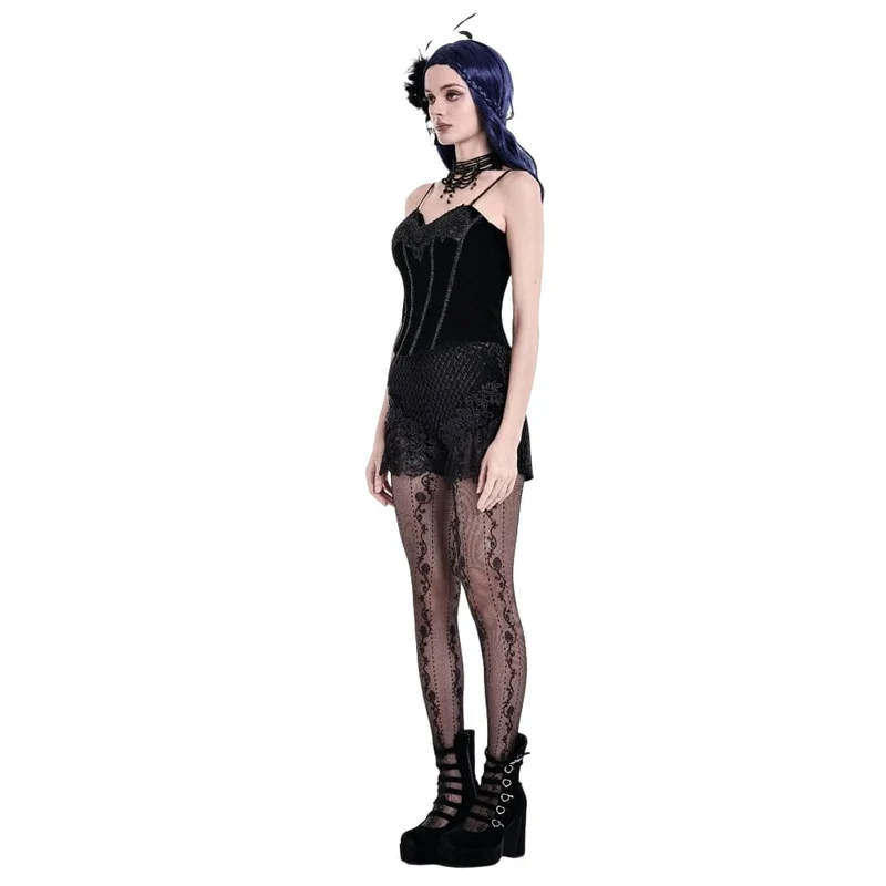 Gothic-Shorts für Damen aus Samt mit floralem Spitzen-Patchwork und Prägung