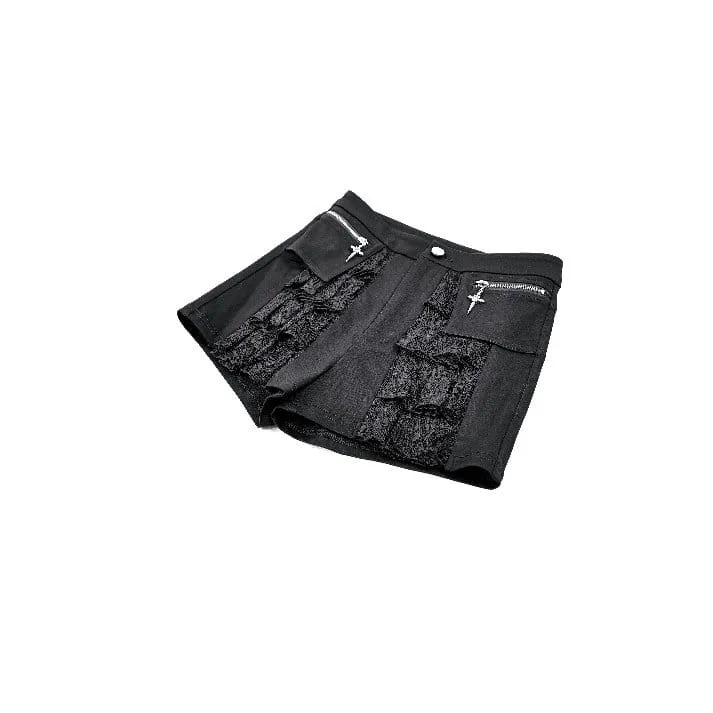 Punkige Damen-Shorts mit Lagenmuster, Spitze, Rüschen und Reißverschluss