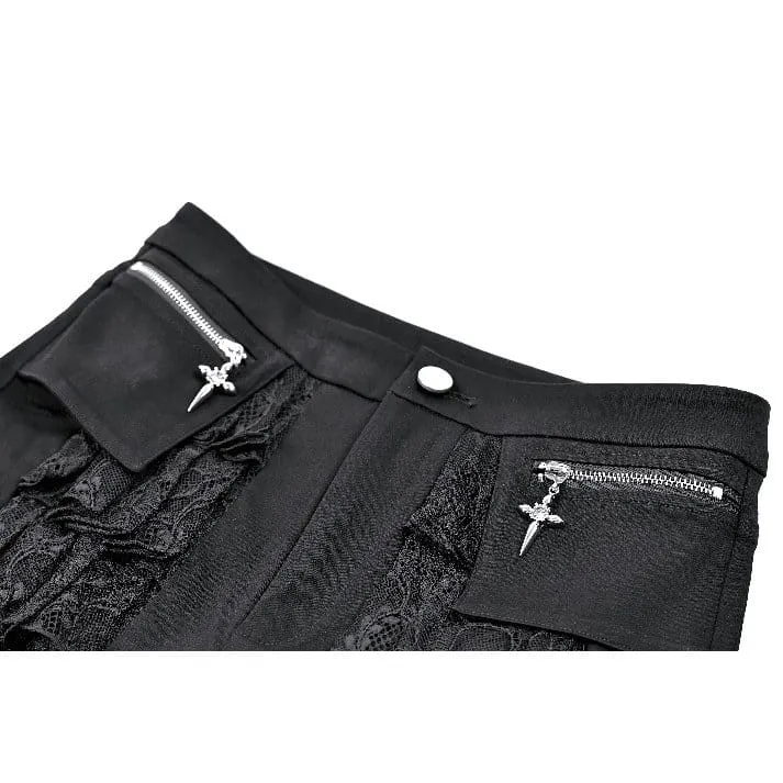 Punkige Damen-Shorts mit Lagenmuster, Spitze, Rüschen und Reißverschluss