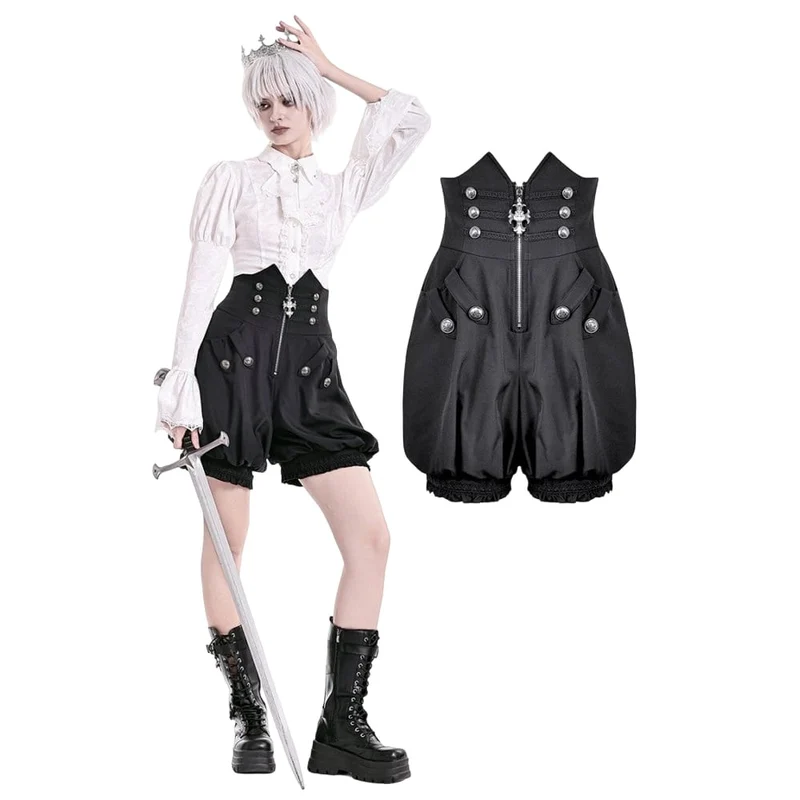 Gothic-Shorts für Damen mit hohem Bund, gekreuztem Reißverschluss, gravierten Knöpfen und Kürbisdekor