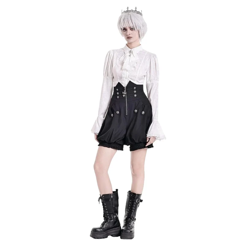 Gothic-Shorts für Damen mit hohem Bund, gekreuztem Reißverschluss, gravierten Knöpfen und Kürbisdekor