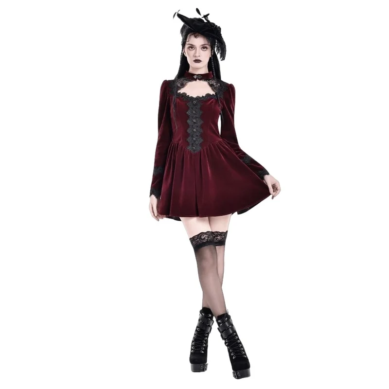Gothic-Kurzkleid aus Samt mit Spitzenapplikationen und Cut-outs für Damen, ideal als Abschlusskleid