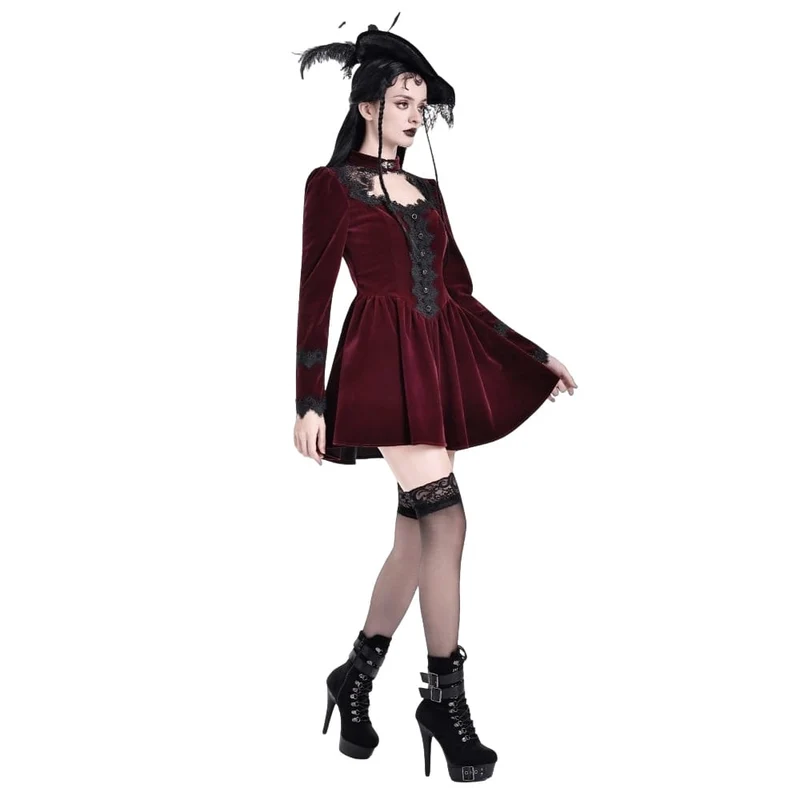 Gothic-Kurzkleid aus Samt mit Spitzenapplikationen und Cut-outs für Damen, ideal als Abschlusskleid