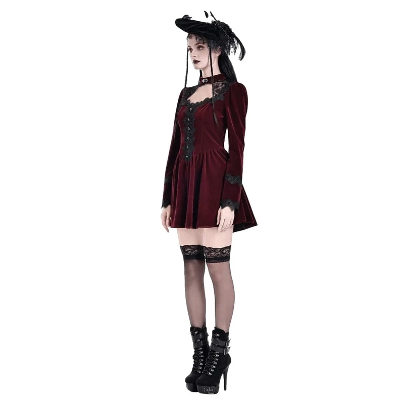Gothic-Kurzkleid aus Samt mit Spitzenapplikationen und Cut-outs für Damen, ideal als Abschlusskleid