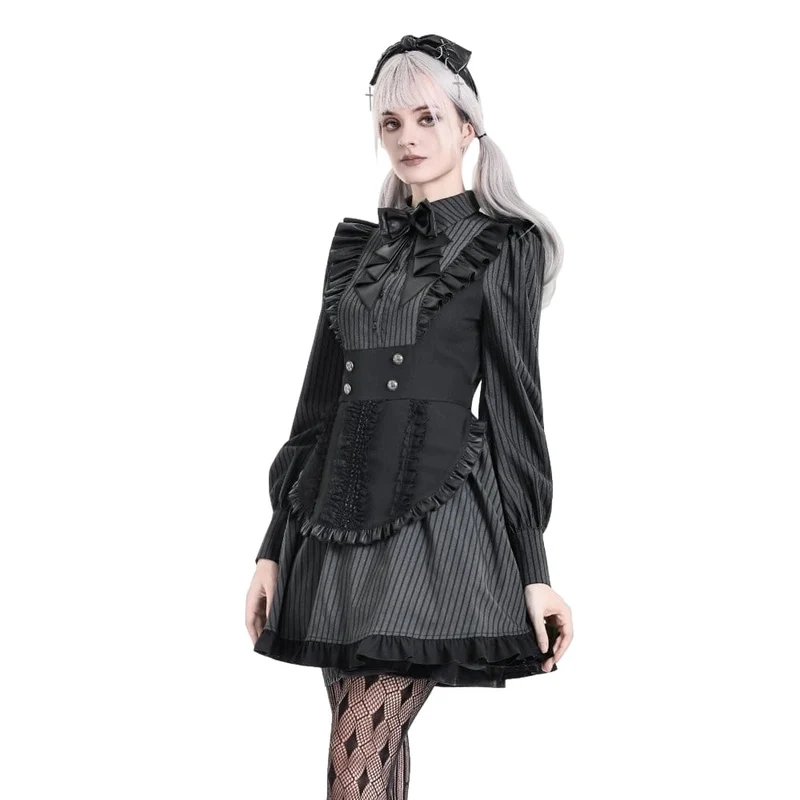 Gothic-Rüschenkleid mit Nadelstreifen, angedeutetem zweiteiligem Muster und langen Ärmeln für Damen im Dienstmädchenstil