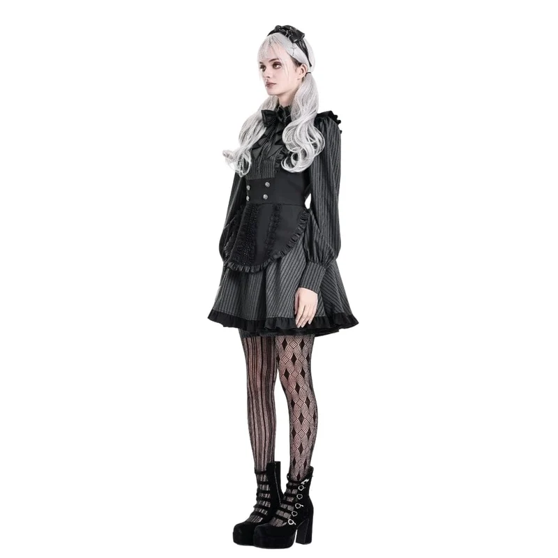 Gothic-Rüschenkleid mit Nadelstreifen, angedeutetem zweiteiligem Muster und langen Ärmeln für Damen im Dienstmädchenstil