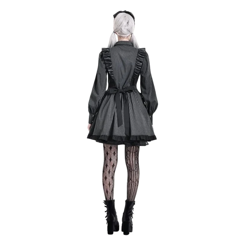 Gothic-Rüschenkleid mit Nadelstreifen, angedeutetem zweiteiligem Muster und langen Ärmeln für Damen im Dienstmädchenstil