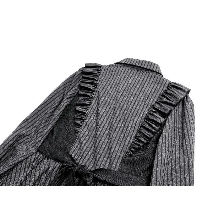 Gothic-Rüschenkleid mit Nadelstreifen, angedeutetem zweiteiligem Muster und langen Ärmeln für Damen im Dienstmädchenstil