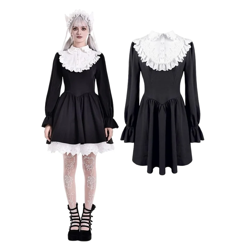 Gothic-Kurzkleid für Damen mit Rüschen, Umlegekragen und kontrastfarbenen Bischofsärmeln