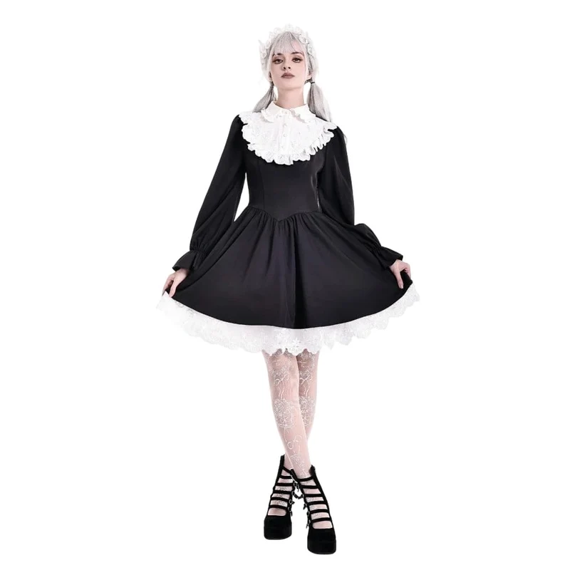 Gothic-Kurzkleid für Damen mit Rüschen, Umlegekragen und kontrastfarbenen Bischofsärmeln