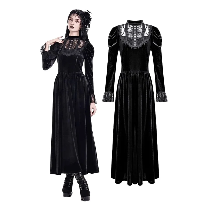 Gothic-Maxikleid aus Samt mit floraler Spitze, Puffärmeln und Brautkleid