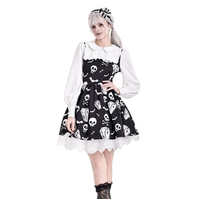 Gothic-Kleid für Damen mit Fledermaus-, Sarg- und Totenkopf-Print, Peter-Pan-Kragen, Bischofsärmeln und kurzem Schnitt