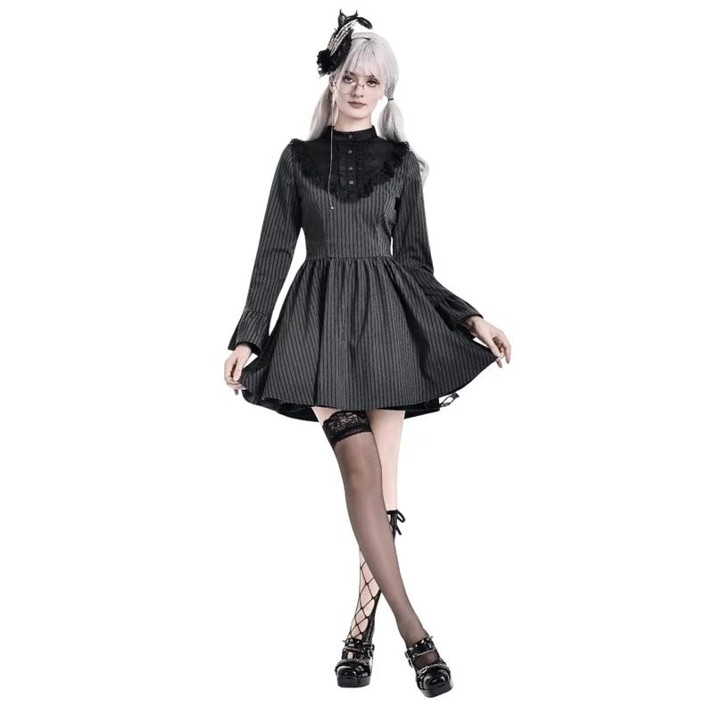 Gothic-Kleid für Damen mit Rüschen, Stehkragen, Nadelstreifen, langen Ärmeln und ausgestelltem Rock, Abschlusskleid
