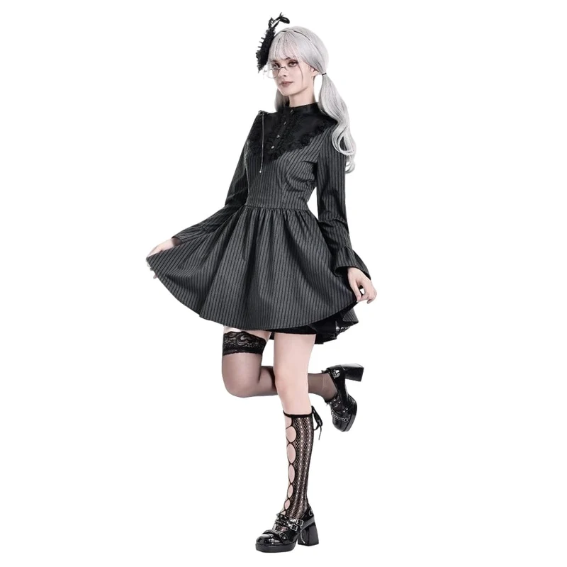 Gothic-Kleid für Damen mit Rüschen, Stehkragen, Nadelstreifen, langen Ärmeln und ausgestelltem Rock, Abschlusskleid
