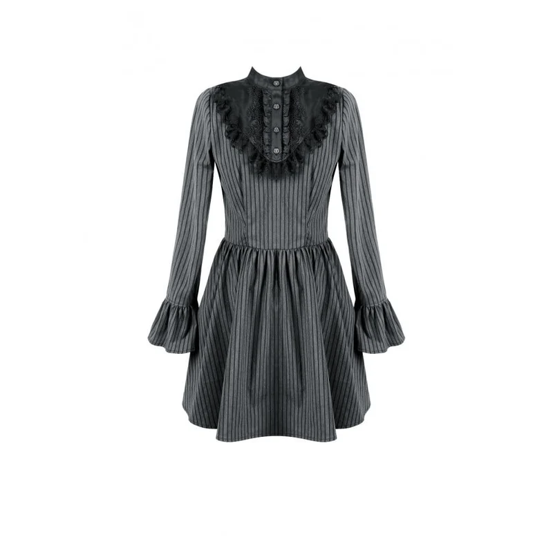 Gothic-Kleid für Damen mit Rüschen, Stehkragen, Nadelstreifen, langen Ärmeln und ausgestelltem Rock, Abschlusskleid