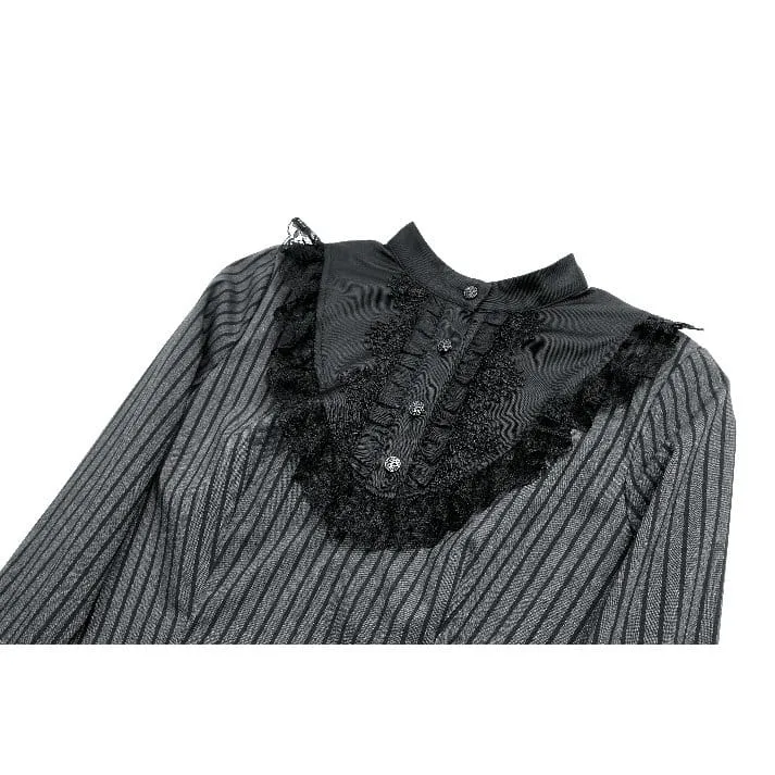 Gothic-Kleid für Damen mit Rüschen, Stehkragen, Nadelstreifen, langen Ärmeln und ausgestelltem Rock, Abschlusskleid