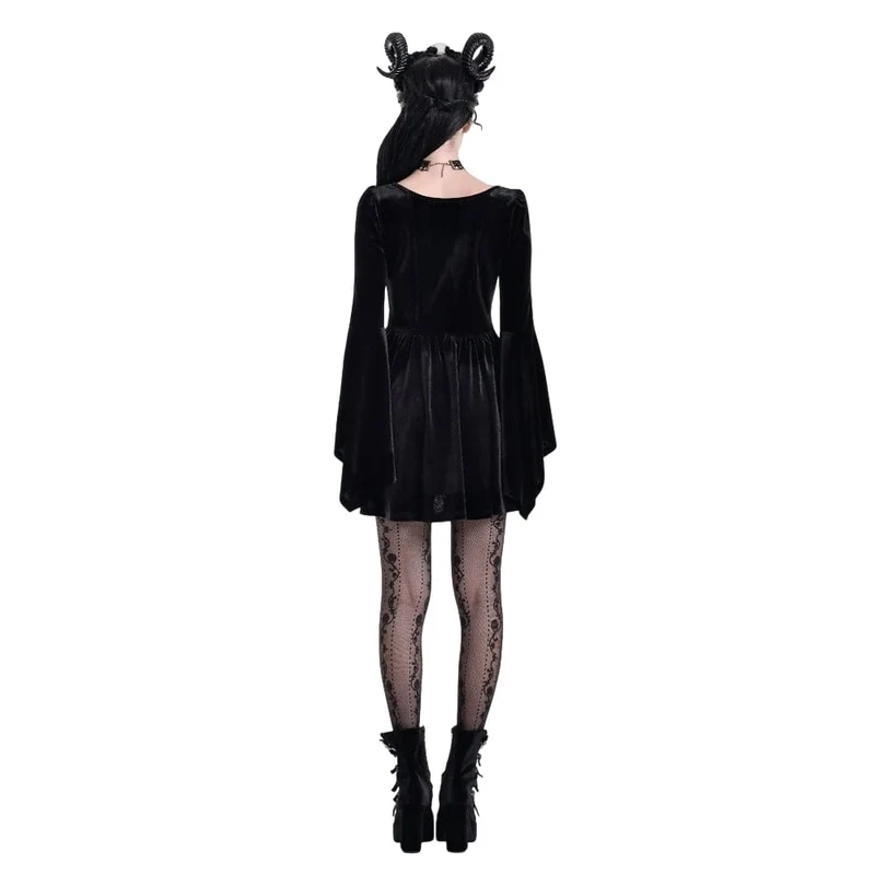 Gothic-besticktes, kurzes Samtkleid mit eckigem Ausschnitt, Glockenärmeln und Stickereien für Damen – Abschlusskleid