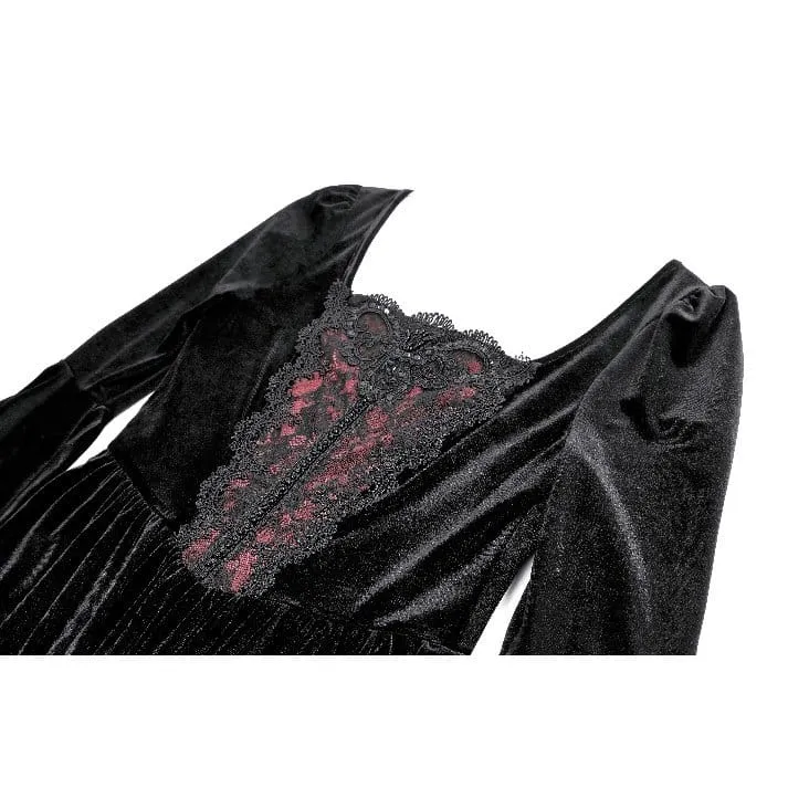 Gothic-besticktes, kurzes Samtkleid mit eckigem Ausschnitt, Glockenärmeln und Stickereien für Damen – Abschlusskleid