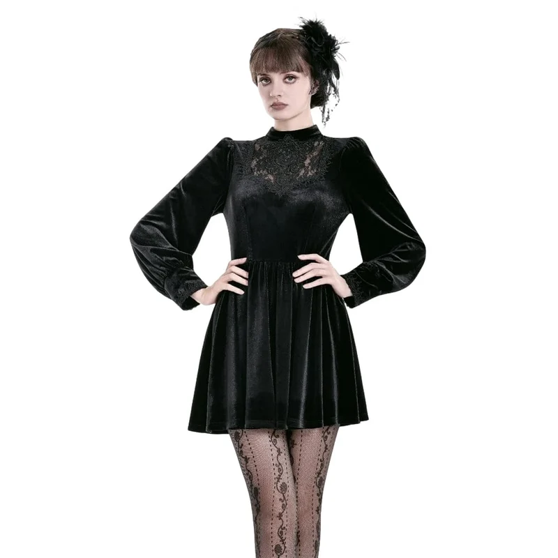 Gothic-Kurzkleid aus Samt mit Spitzenapplikationen, Stehkragen, Bischofsärmeln und Abschlusskleid für Damen
