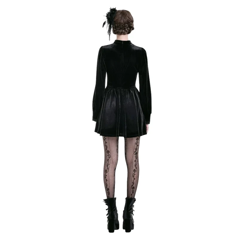 Gothic-Kurzkleid aus Samt mit Spitzenapplikationen, Stehkragen, Bischofsärmeln und Abschlusskleid für Damen