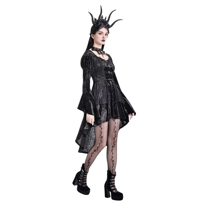 Gothic-Kleid für Damen mit Schnürung, asymmetrischem Saum, Puffärmeln und ausgestellten Ärmeln – ideal für Abschlussfeiern
