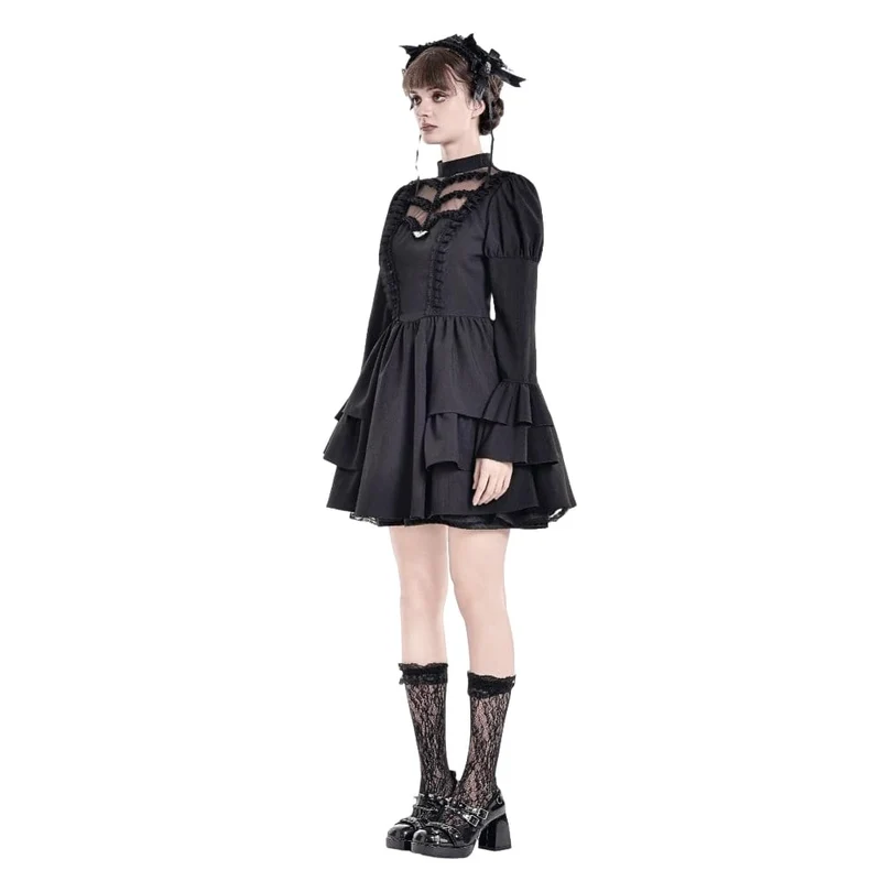 Gothic-Kleid für Damen mit Mesh-Einsätzen, Stehkragen, Stufenrock, Puffärmeln und kurzem Schnitt – ideal für Abschlussfeiern