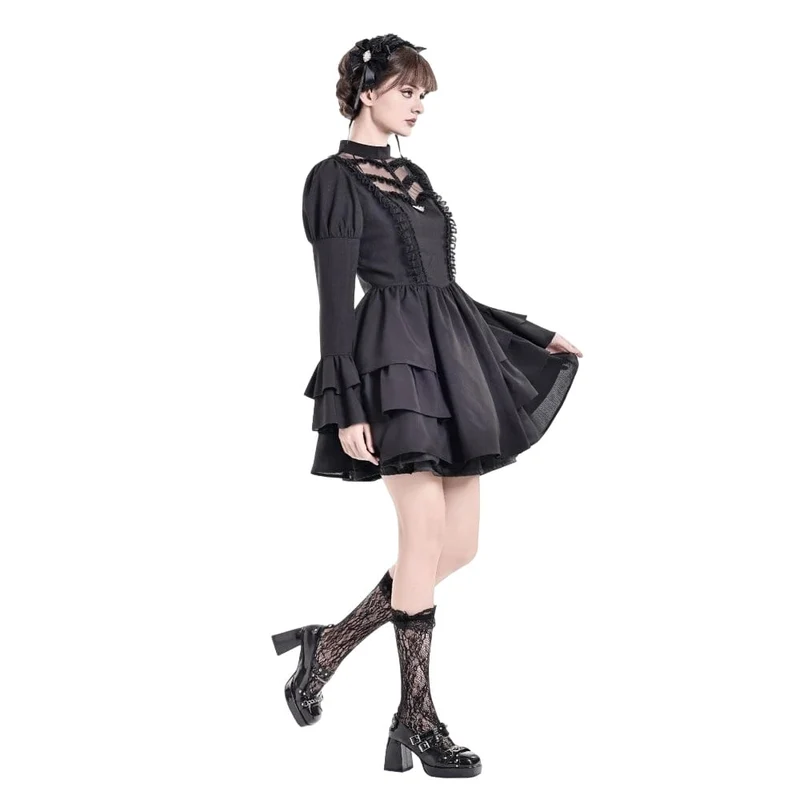 Gothic-Kleid für Damen mit Mesh-Einsätzen, Stehkragen, Stufenrock, Puffärmeln und kurzem Schnitt – ideal für Abschlussfeiern