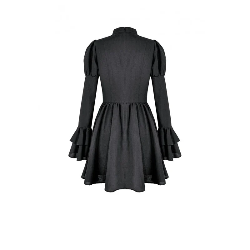 Gothic-Kleid für Damen mit Mesh-Einsätzen, Stehkragen, Stufenrock, Puffärmeln und kurzem Schnitt – ideal für Abschlussfeiern