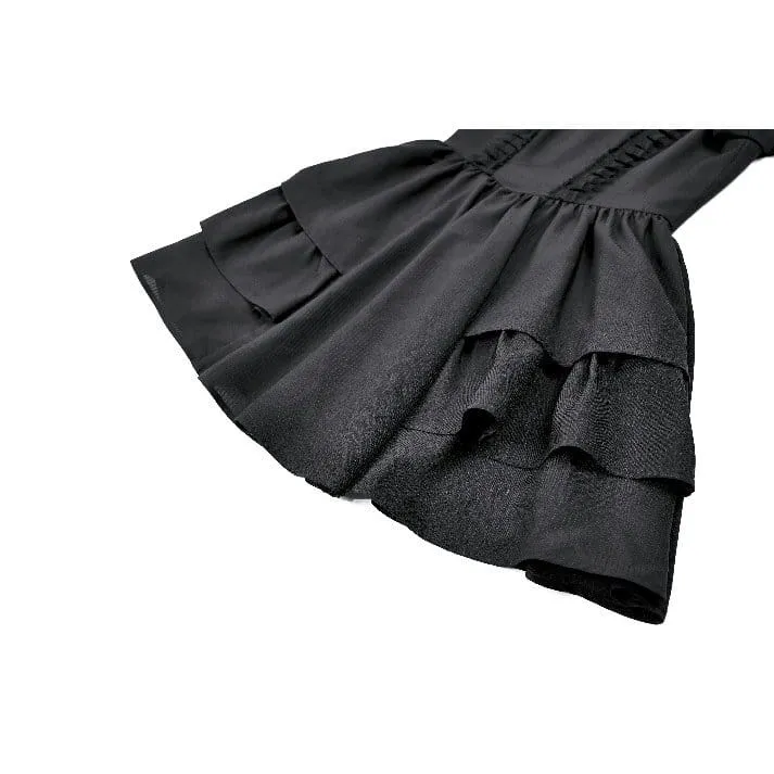 Gothic-Kleid für Damen mit Mesh-Einsätzen, Stehkragen, Stufenrock, Puffärmeln und kurzem Schnitt – ideal für Abschlussfeiern