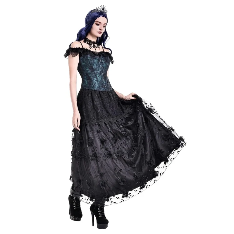 Gothic-Maxirock für Damen mit 3D-Blumenapplikationen und Rankenstickerei, gestuft