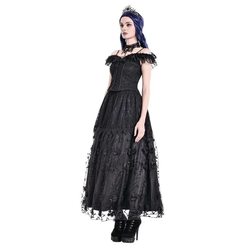 Gothic-Maxirock für Damen mit 3D-Blumenapplikationen und Rankenstickerei, gestuft