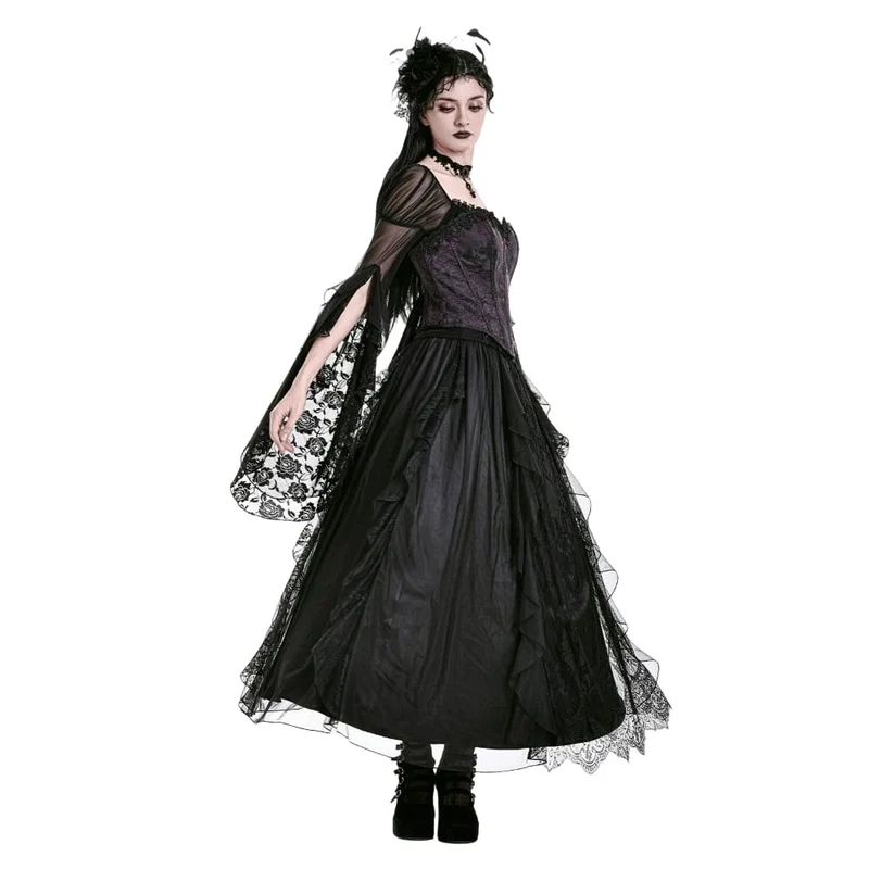 Gothic-Retro-Maxirock aus Rüschen, mehrlagiger Spitze und Mesh für Damen