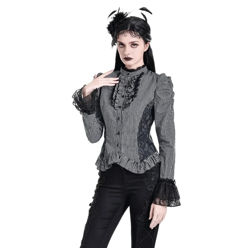Gothic-Bluse für Damen mit Rüschen, Spitzen-Patchwork und Nadelstreifen, langen Ärmeln